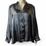 Alfred Dunner Vintage  Gunmetal Gray Metallic Satin Button Up Blouse Photo 1