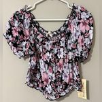 Rewind  juniors sz large short puff sleeve top Floral Black Crop Top square neck Photo 9