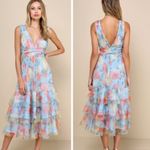 Lulus Perfectly Divine Blue Floral Tulle Tiered Ruffled Midi Dress large nwt Photo 1