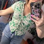 Anthropologie Maeve V-Neck Short Sleeve Floral Ruched Cropped Blouse Green Small Photo 1