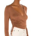 Lovers + Friends  Top Womens Small Dory Brown Ruched Sleeve Wrap Crop Top Photo 0