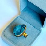 Handmade Size 6.5 7 7.5 Teal Blue Gem Aqua Druzy Crystal Fine Original Art Ring Freeform Gemstone UNISEX Solid Metal Plated Gold Filled Rustic Free Form Photo 6