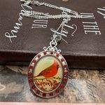 Vintage Cardinal Pendant Necklace Red Rhinestones Silver Tone 18” Photo 0