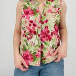 vintage boho hibiscus button down sleeveless top floral flowy size s Green Photo 0