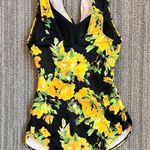 Denim&Co Swimsuit Sarong Front Swimdress One Piece Floral 8 Yellow Photo 1
