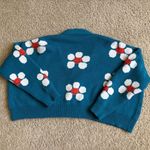 Cute Blue Knit Cardigan with Daisy Smile Flowers Kawaii Y2K Style Cozy Top Photo 5