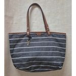 Fossil  Gray White Striped Canvas Purse Bag Leather Trim & Adjustable Straps Photo 5