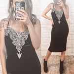 Vintage Dress 90s Midi Cocktail Floral Applique Black Velvet Slinky Party Dress Size M Photo 1