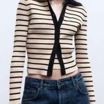 ZARA NWOT Collared Ribbed Striped Button Sweater in Ivory/Black Size M Photo 0