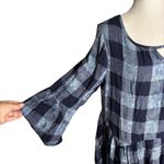One World Plaid Tunic Top Ruffle Hem Medium Blue Bell Sleeves Keyhole Back Photo 2