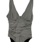 Garnet Hill One Piece Swimsuit Ruched Plunge Striped Black Cream Size 8 Photo 5