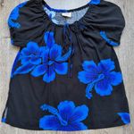 Aloha Hut Hawaii Hibiscus Top Black Blue Floral Rayon Peasant Small Photo 0