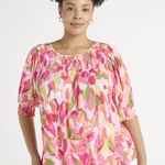 Terra & Sky Terra Sky Floral Peasant Top Size 2X Pink Multicolor Smocked Stretch Boho Bright Photo 0