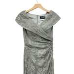 La Femme Off-the-Shoulder Cap Sleeve Ruched Lace Gown in Grey size 6 Photo 7