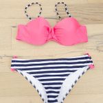 Womens Bikini Set Size XL Pink Navy Stripe Nautical Preppy Swim Coastal Y2K Photo 0