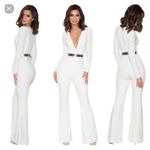 House Of CB  Catalin White Flared Jumpsuit Size XS Long Sleeve Bridal 70s Stretch Photo 2