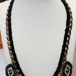 Clear Rhinestone Petal Pendants Statement Necklace Black Thread Gold Tone Chain Photo 2