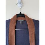 Eileen Fisher Large Tencel/Silk Navy Blue Brown Trim Long Open Cardigan Sweater Photo 3