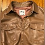 ZARA Faux Leather Belted Shirt Shacket Overshirt Dress in Cognac Brown Size XS Photo 15