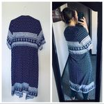 Entro Kimono Duster Cardigan Navy White Floral Small Paisley Boho Rayon Photo 4