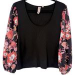 Dolan Black Floral Balloon Sleeve Ribbed Knit‎ Blouse Top Size Large Feminine Photo 0