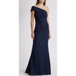 La Femme New Off the Shoulder Satin Trumpet Gown In Navy Size 18 Photo 13