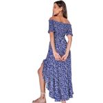 Lulus Blue White Floral Lightweight Flowy Womens Off Shoulder Maxi Dress Size Sm Photo 1