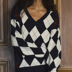 Doen Harlequin Cashmere Sweater Diamond Cream Navy Argyle Medium EUC Blue Photo 1