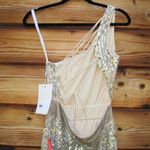 Mac Duggal 5687 SEQUINED ONE SHOULDER DRAPED LACE UP GOWN NWT Nude Silver 4 Photo 10