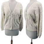 Vintage 90s Cardigan Floral Cable Knit Pattern Pearl Buttons Cotton Ramie Ivory White Size M Photo 1