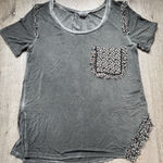POL  Charcoal Gray Boho Embellished Pocket Tee One Size Short Sleeve Top Photo 0