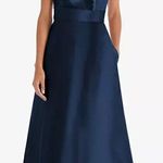 Alfred Sung NWT Draped One Shoulder Satin Maxi Dress Formal Midnight Navy Size 2 Photo 0