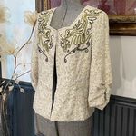 Coldwater Creek Beaded Scroll Embroidered Cream Open Ruched Jacket - Sz 10P 💚🎀 Photo 4