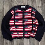 Vintage retro navy blue American flag handknitted sweater cardigan linen cotton Size L Photo 0