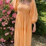 LOUNA Orange Square Neckline Puff Sleeves Chic Flowy Midi Dress size Medium Photo 0