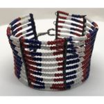 Beautiful Native American Metal and Beaded Cuff Bracelet Red Blue White Photo 3