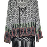 Monteau Black White Geometric Fringe Lace Up Blouse Top Size S Photo 0