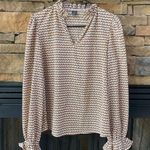 SheIn size 6 Medium ruffle v neck puff sleeve blouse brown cream print Photo 0