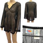Sand N Sun Black Mesh Sequined Slit V Neck Beach Pullover Cover Up Womens Small Photo 1
