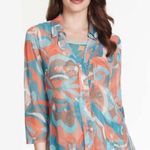 Multiples  Colorful Retro Floral Print Mesh 3/4 Roll Tab Sleeve High Low Hem Top Photo 1