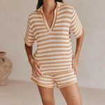 Sabo Brown White Josie Cable Knit Women’s Top‎ Short Sleeves Size US 8 Photo 0