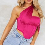 Pretty Little Thing Hot Pink Textured Satin Draped One Shoulder Corset Photo 0