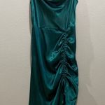 Zaberry Hunter Dark Green Satin Cowl Slouch Neck Leg Ruching Midi Dress Size M Blue Size M Photo 0