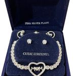 Macy's NEW Silver Plate MOM BRACELET & Solitaire EARRINGS Set Adjustable CZ Boxed Photo 0