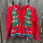Vintage 90s Ugly Christmas Sweater Santa Tree Trimming Elves Cardigan SMALL Red Photo 0