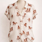 Jane and Delancey Horse Print Button-Up Blouse Western Short Sleeve Top XL Photo 0