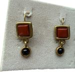 Vintage Casual Corner Gold tone Drop earrings with hook Red and Black stone Photo 1