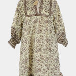 Cleobella  Boho Floral Mini Dress Small Brown Cream Puff Sleeve Ruffle Hem Tassel Photo 0