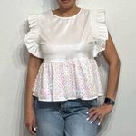 Peach Love California Peach Love White Shimmery Sequin Peplum Blouse Sz M Photo 0