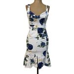 Nicholas Midi Dress Blue Rose Floral White Denim Flare Ruffle Hem Sleeveless 2 Photo 2